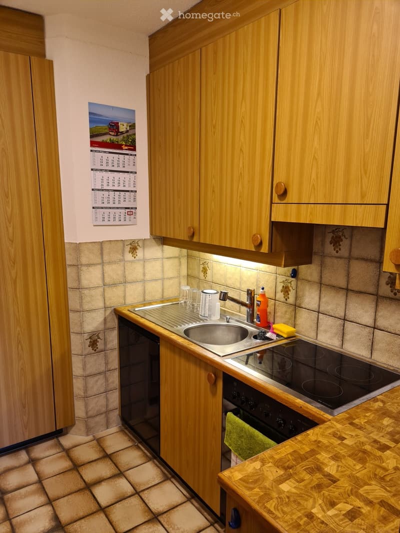 A compact kitchen with wooden cabinets, a sink, an induction cooktop, and an oven. The countertop features a green towel and a bottle of dish soap. A calendar is visible on the wall.