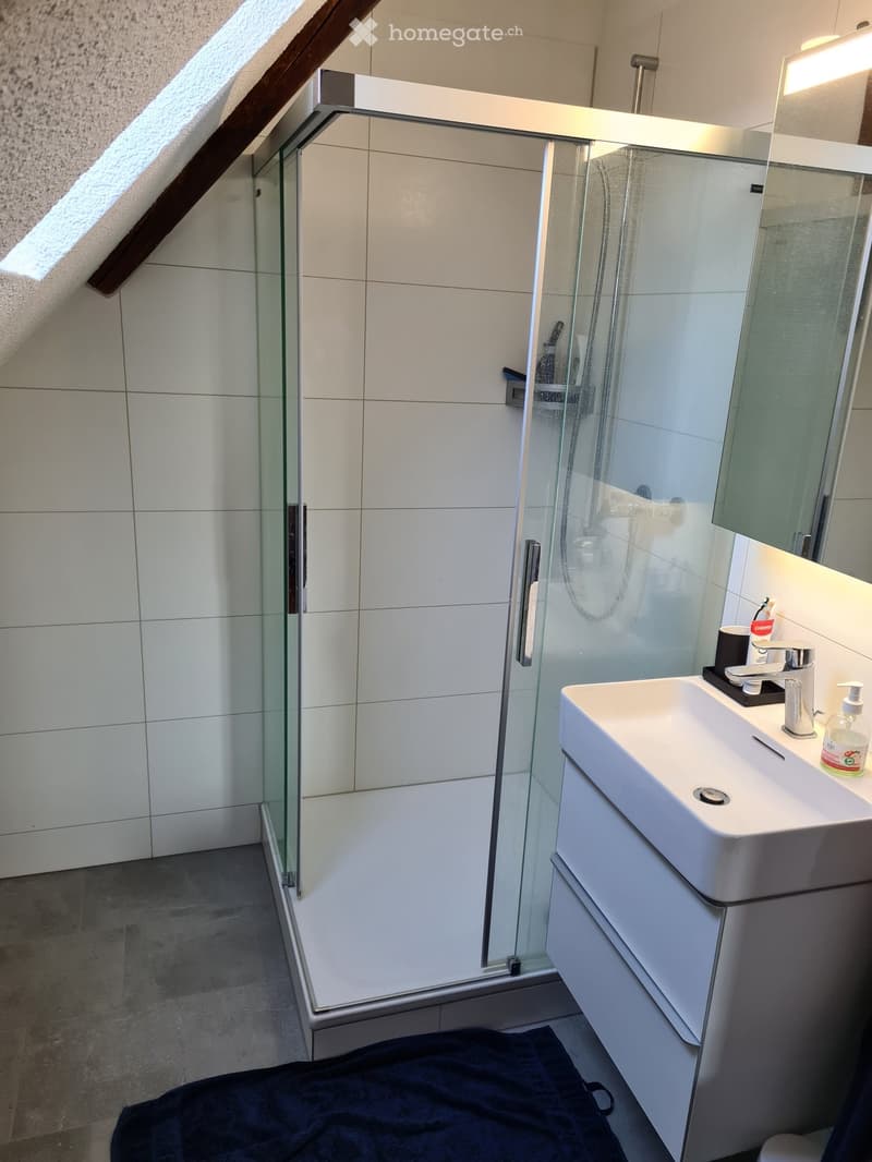 Modern bathroom with white tiles, glass shower enclosure, white sink with faucet, and a mirror above it. A blue towel is placed on the floor.