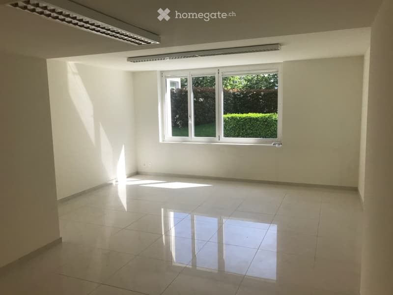 Empty room with white walls, tiled floor, and large window with view of greenery outside.