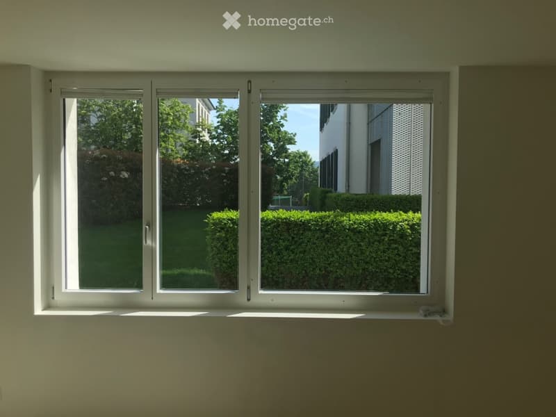 Empty room with large white-framed windows showing a view of a garden with trimmed hedges and a lawn.