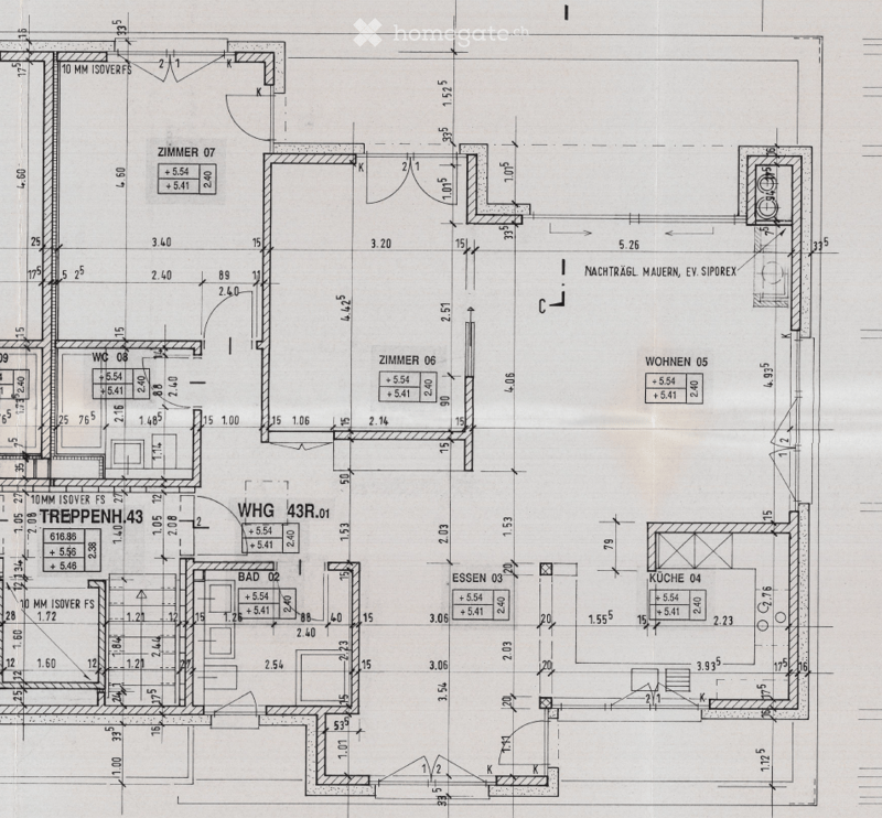 Floor plan of a residential unit labeled WHG 43R.01, showing rooms including a kitchen (Küche 04), living area (Wohnen 05), dining area (Essen 03), bathroom (Bad 02), bedroom (Zimmer 06), and additional rooms (Zimmer 07, WC 08, Treppe 43).