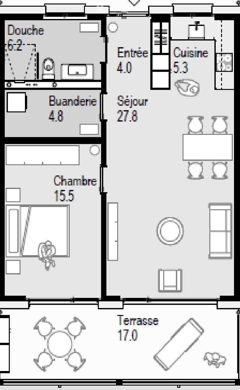 Floor plan of a 5-room apartment including a living room, kitchen, bedroom, bathroom, and entrance area.