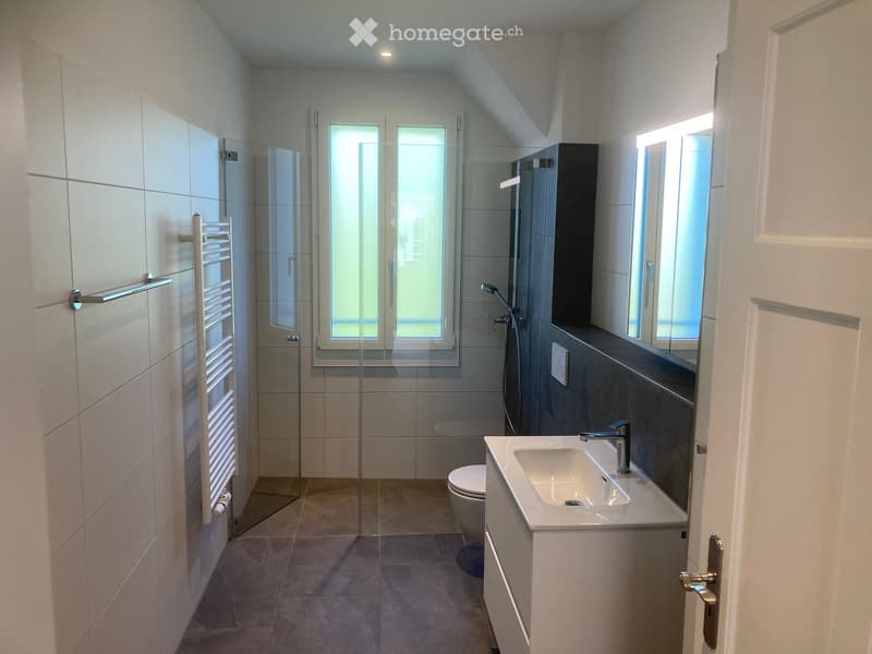 Modern bathroom with a white sink, chrome faucet, toilet, glass-enclosed shower, and a towel rack on the wall.