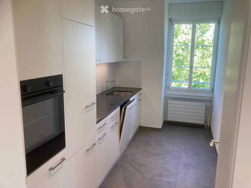 Modern kitchen with white cabinets, black countertop, stainless steel sink, and built-in oven. Large window with view of greenery.