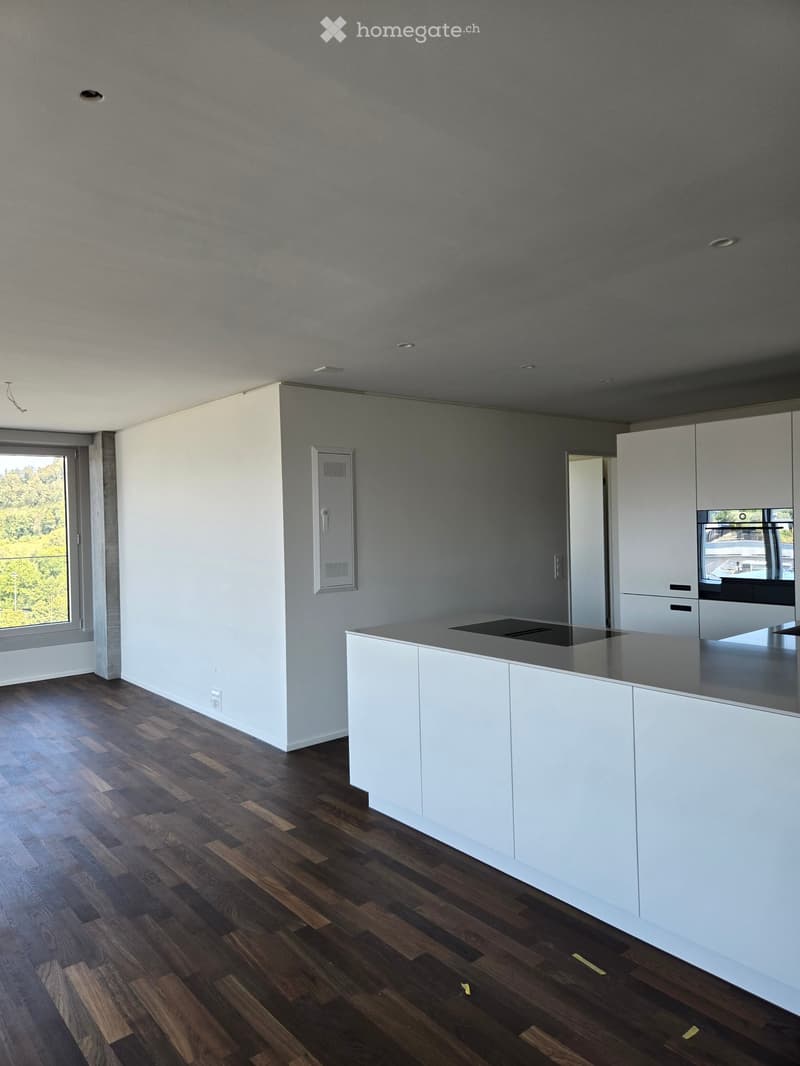 Modern kitchen with white cabinets, a central island, and dark wooden flooring. Large windows provide natural light.