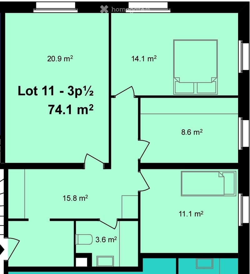 Floor plan of Lot 11 - 3p1/2, 74.1 m², featuring a large living space (20.9 m²), a bedroom (14.1 m²), a smaller room (8.6 m²), a hallway (15.8 m²), and a bathroom (11.1 m²).