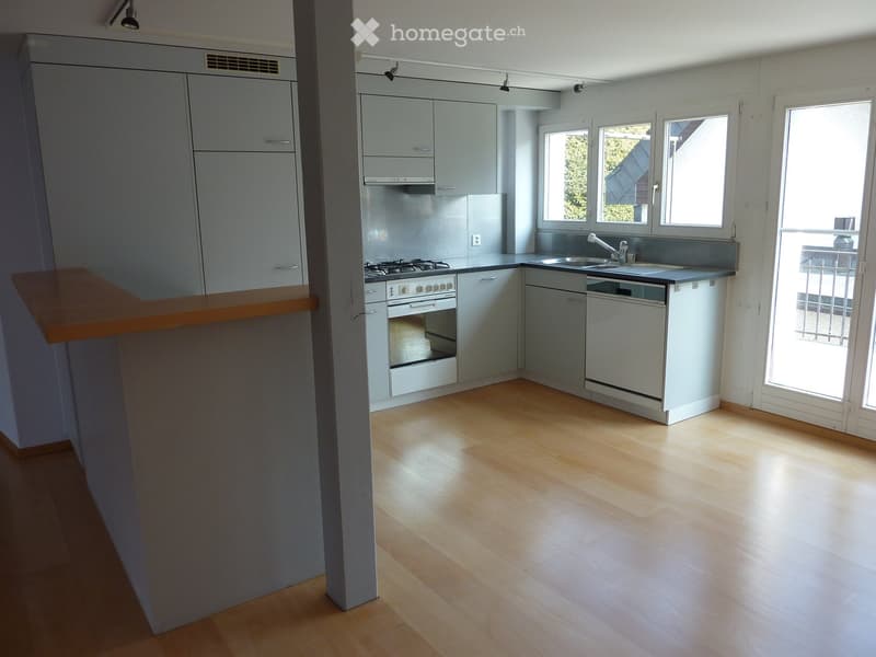 Modern kitchen with light grey cabinets, gas stove, oven, sink, dishwasher, and wooden flooring.