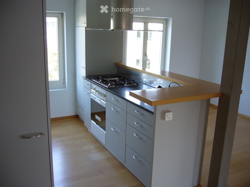 Modern kitchen with light grey cabinets, gas stove, oven, and wooden countertop. Natural light from windows illuminates the space.