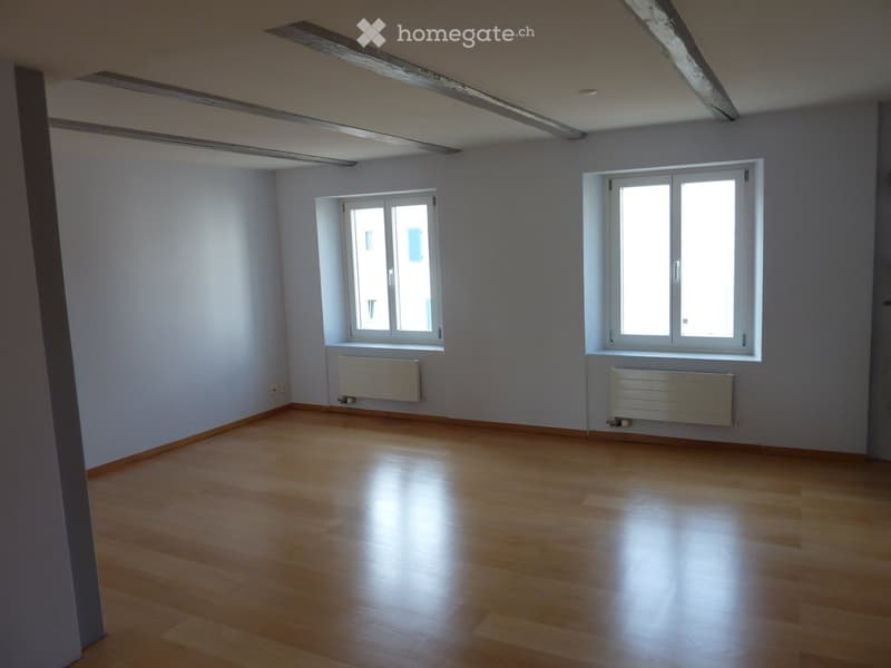 Empty room with light wooden flooring, white walls, and two windows with radiators beneath them.