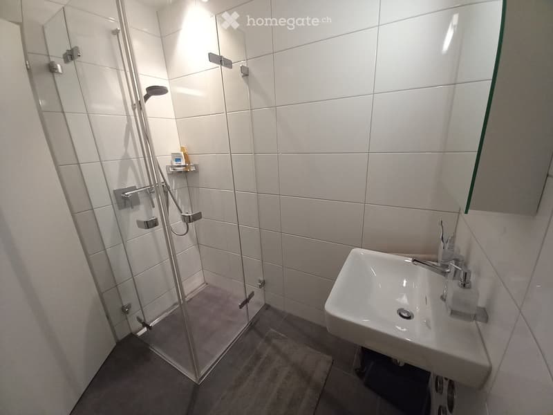 Modern bathroom with a glass-enclosed shower, a white tiled wall, a white sink with a chrome faucet, and a toothbrush and toothpaste on the sink counter.
