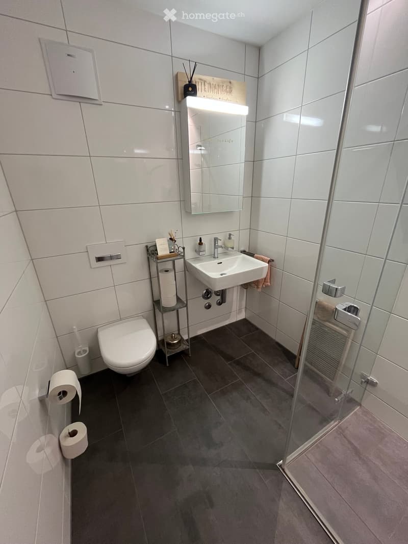 Modern bathroom with white tiles, a toilet, a sink with a mirror, and a glass-enclosed shower area.