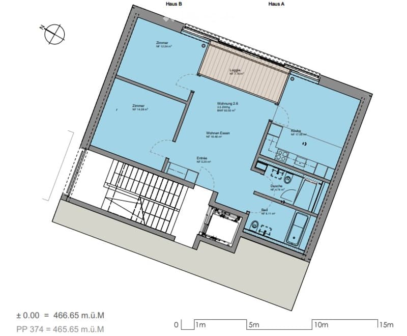 Floor plan of a house with multiple rooms including living room, dining room, kitchen, bedrooms, and bathrooms. Includes a loggia and entrance area.