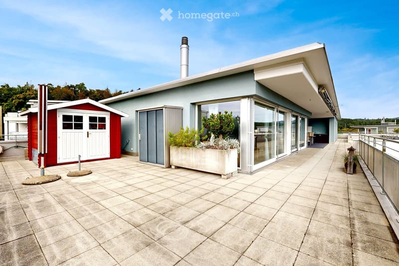 Modern outdoor patio with tiled flooring, large sliding glass doors leading to a room, potted plants, and a small red shed.
