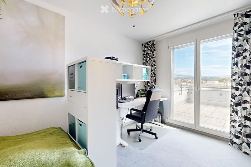 Modern, well-lit room with a desk, chair, computer, and large windows offering a scenic view. Features a white cabinet, green rug, and decorative wall art.