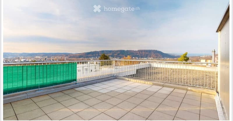 Balcony with tiled floor, metal railing, green privacy screen, and scenic city and mountain view.