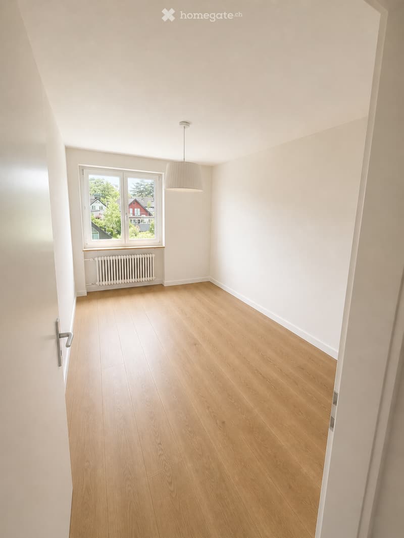 Empty room with light wooden flooring, white walls, a window with a view of greenery, a radiator, and a hanging light fixture.