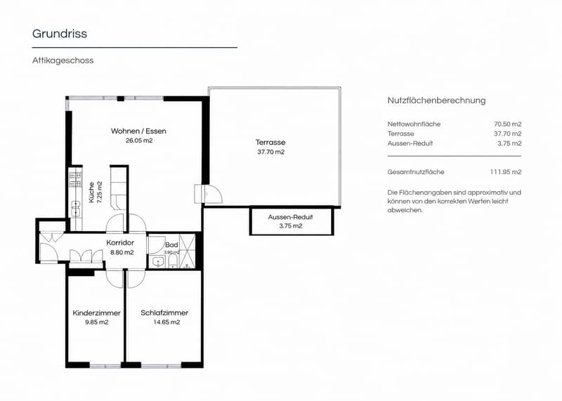 Floor plan of an attic level showing a living/dining area, kitchen, bedroom, children's room, bathroom, corridor, terrace, and outdoor retreat.