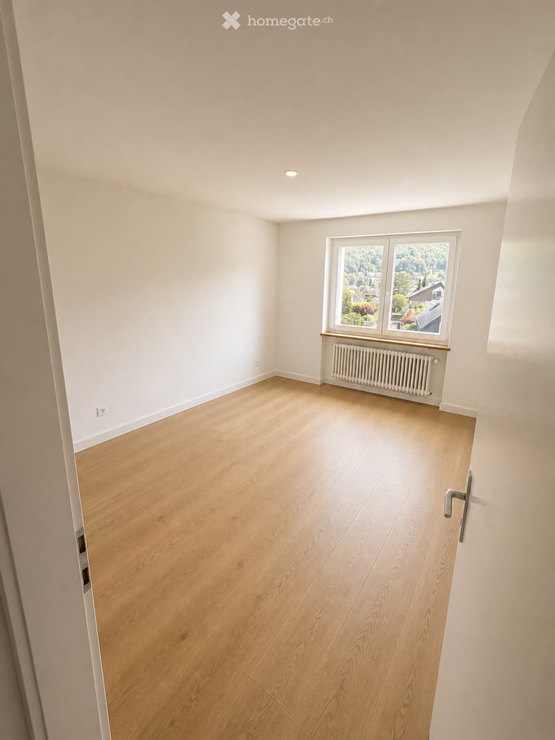 Empty room with light wooden flooring, white walls, and a large window offering a view of greenery. A radiator is placed below the window, and the room has a modern, minimalist design with recessed lighting.