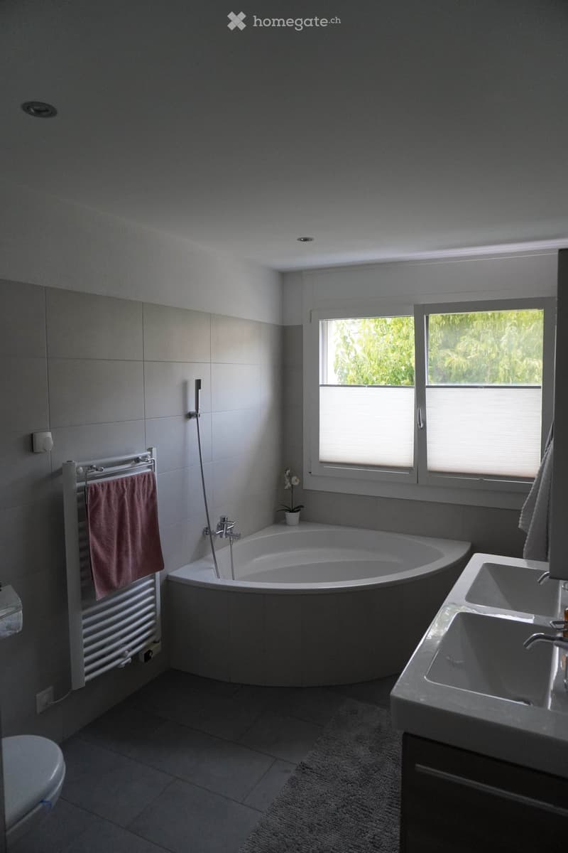 Modern bathroom with a large bathtub, double sink, towel rack with a pink towel, and a small flower pot on the edge of the tub. The room features large windows with blinds and grey tiled walls.