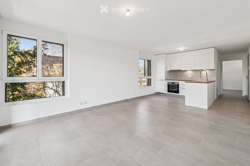 Modern kitchen with white cabinets, a central island, and large windows overlooking a tree-lined area.