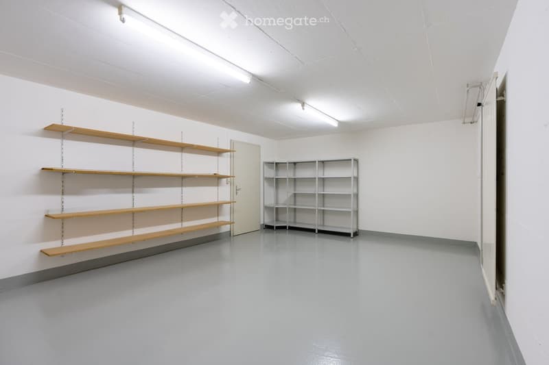 Empty room with white walls, grey floor, wooden shelves on one wall, and a metal shelving unit in the corner.