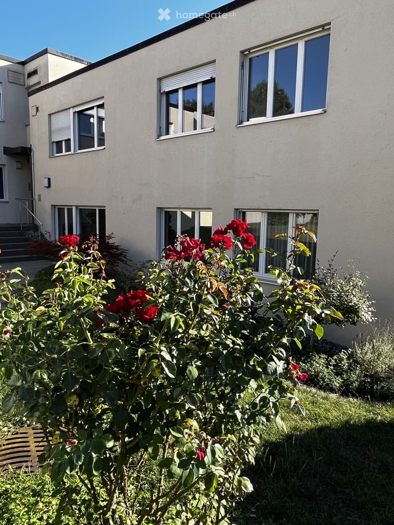 A modern two-story house with large windows and a staircase leading to the entrance, surrounded by a garden with red roses and other plants.