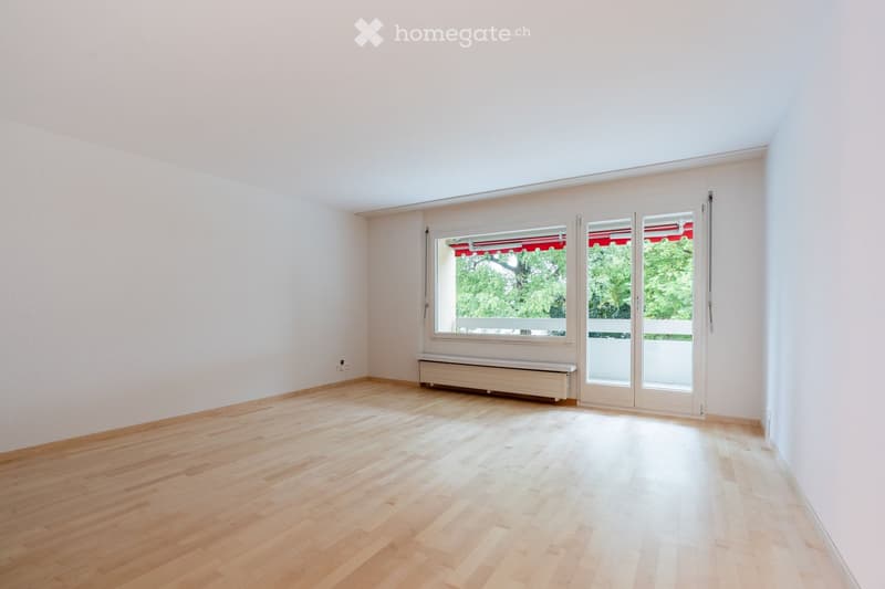 Empty room with light wooden flooring, white walls, large window with red awning, and sliding glass doors leading to a balcony.