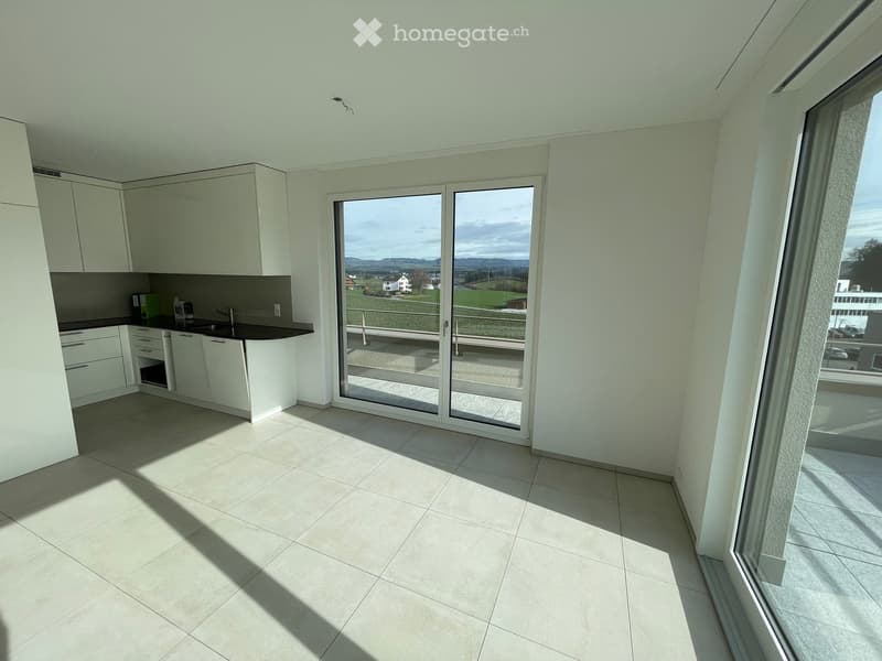 Modern kitchen with white cabinets, a sink, and large sliding glass doors leading to a balcony with a scenic view.