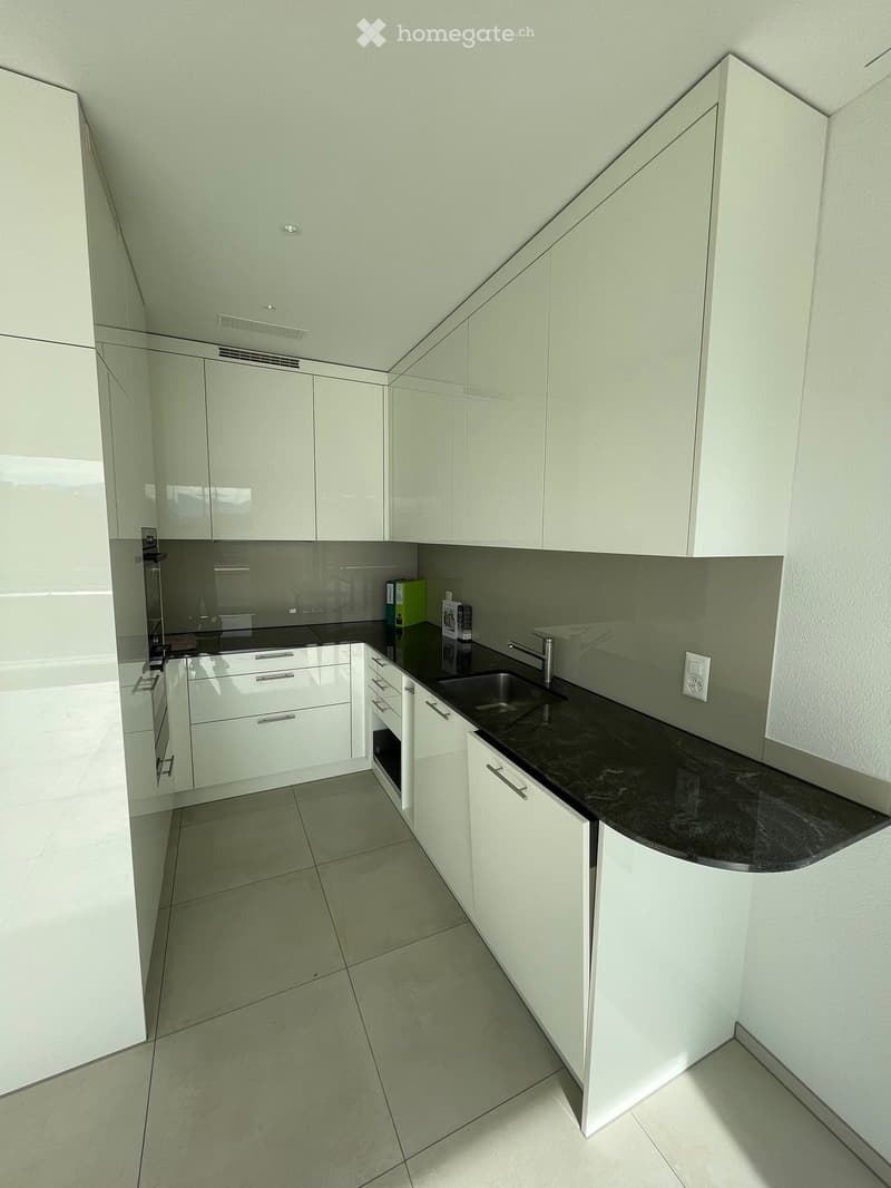 Modern kitchen with white cabinets, black countertop, and stainless steel sink.