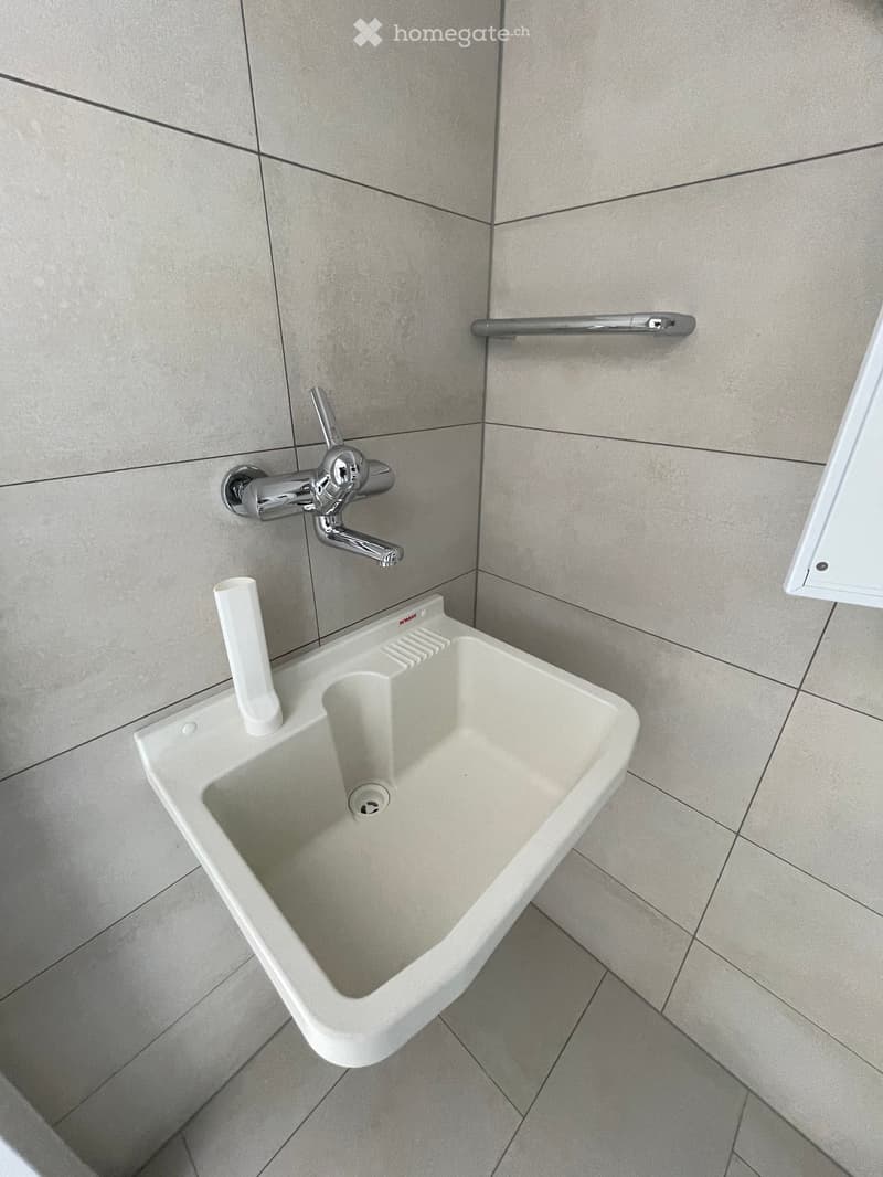 Modern bathroom with a white sink, chrome faucet, and a handrail on the wall.