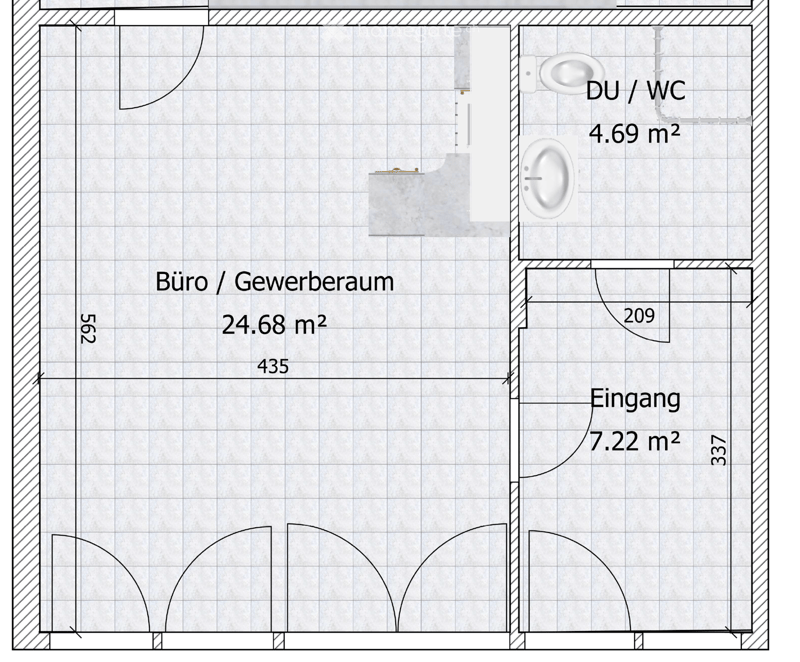 Layout of a floor plan showing a bathroom, office/commercial space, and entrance area with labeled dimensions.