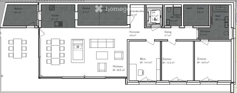 Floor plan showing multiple rooms including living area, kitchen, bedrooms, bathrooms, hallway, and technical room.