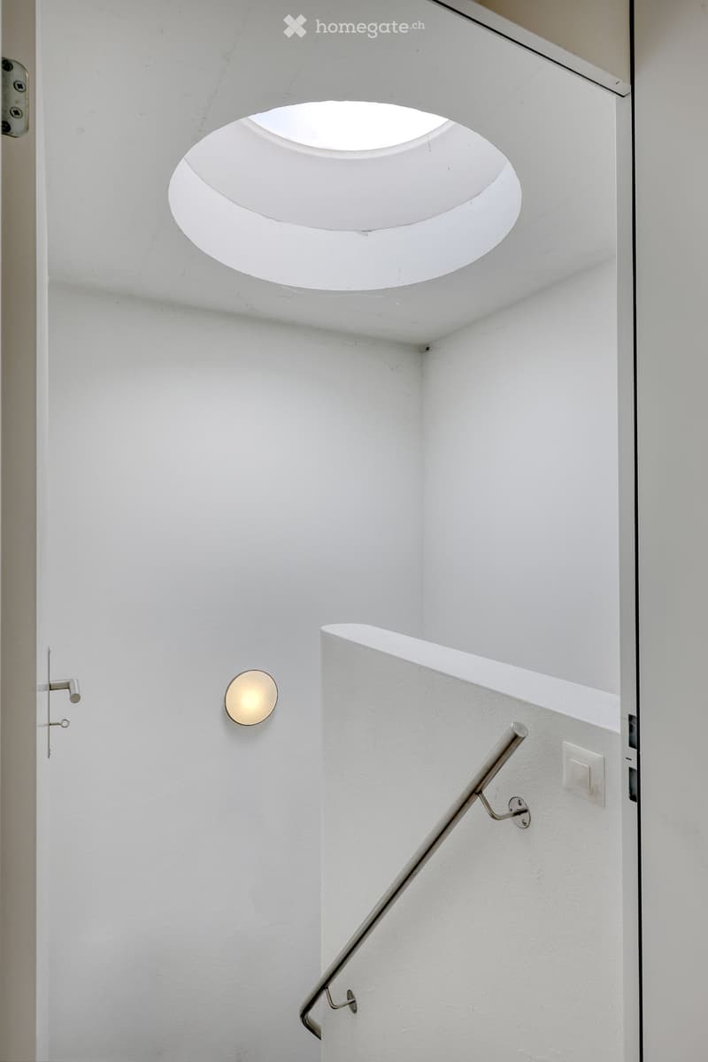 A modern hallway with white walls, a sleek stainless steel handrail, a circular recessed light fixture, and a small wall-mounted light fixture.