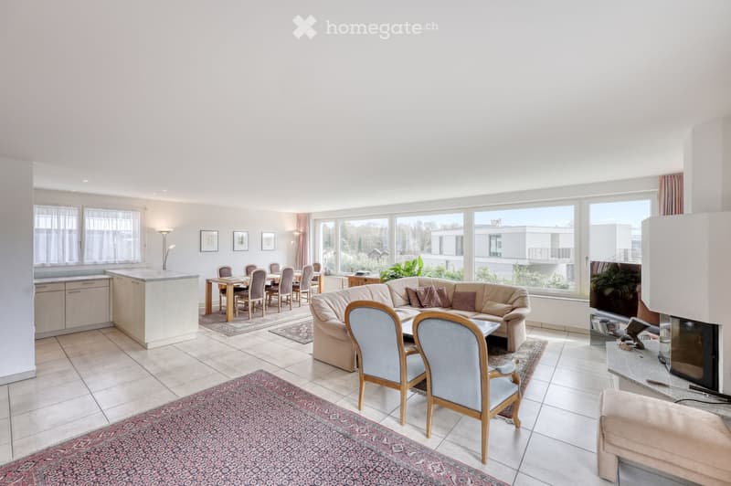 Bright, open-plan living and dining area with large windows, a sectional sofa, dining table with chairs, kitchen island, fireplace, and television. The space features multiple rugs and decorative picture frames on the walls.