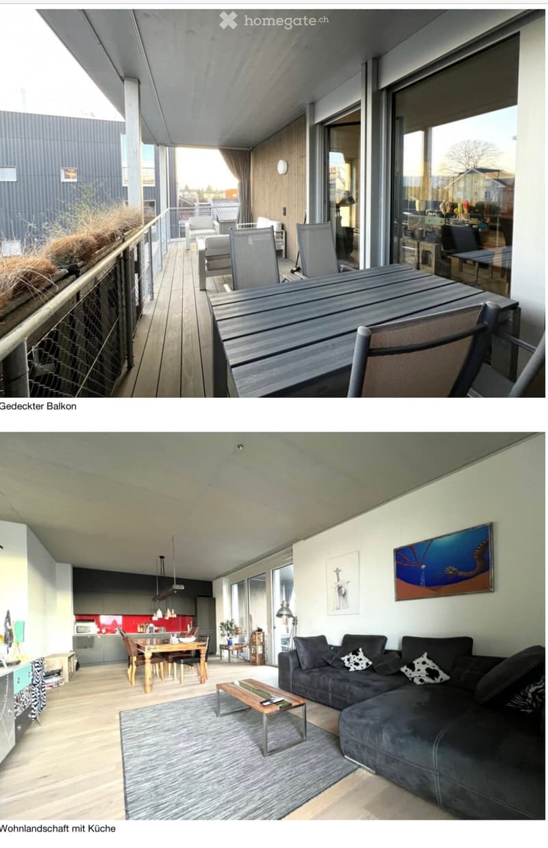 Covered balcony with outdoor furniture including a table, chairs, and a sofa. Adjacent living space features a sectional sofa, coffee table, dining table, and chairs.