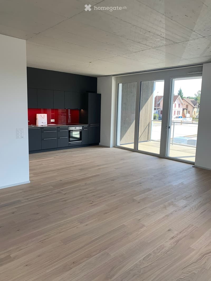 Open-plan kitchen and living area with light wooden flooring, grey cabinets, and large sliding glass doors leading to a balcony.