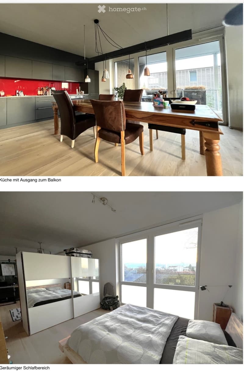 Modern open-plan living and dining area with a kitchen, dining table, chairs, pendant lights, and a separate bedroom with a bed and nightstand. Large windows and balcony access.