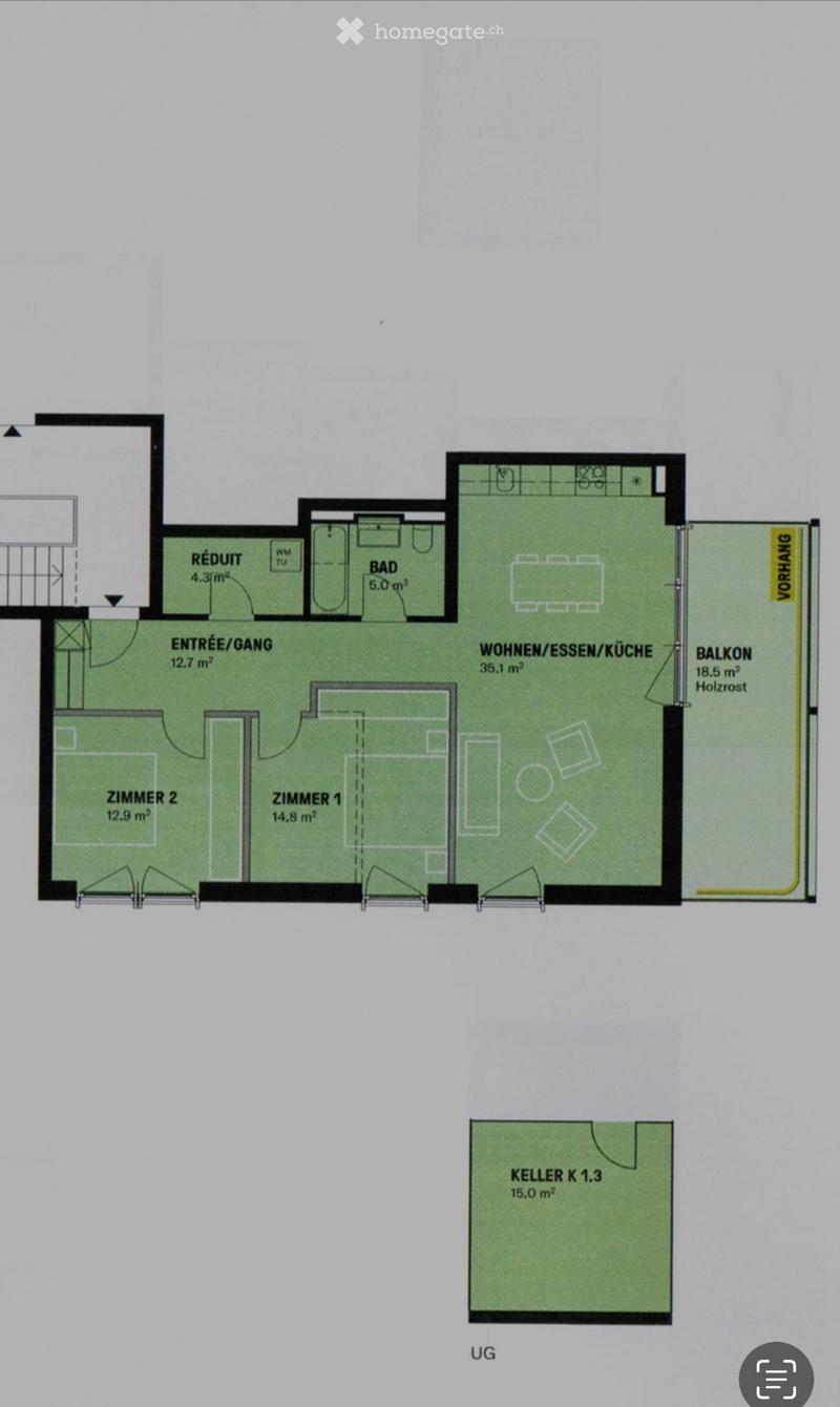 Floor plan showing a 35.1 m² living/dining/kitchen area, 18.5 m² balcony, 14.8 m² bedroom, 12.9 m² bedroom, 5.0 m² bathroom, 4.3 m² closet, 12.7 m² hallway, and a 15.0 m² basement.