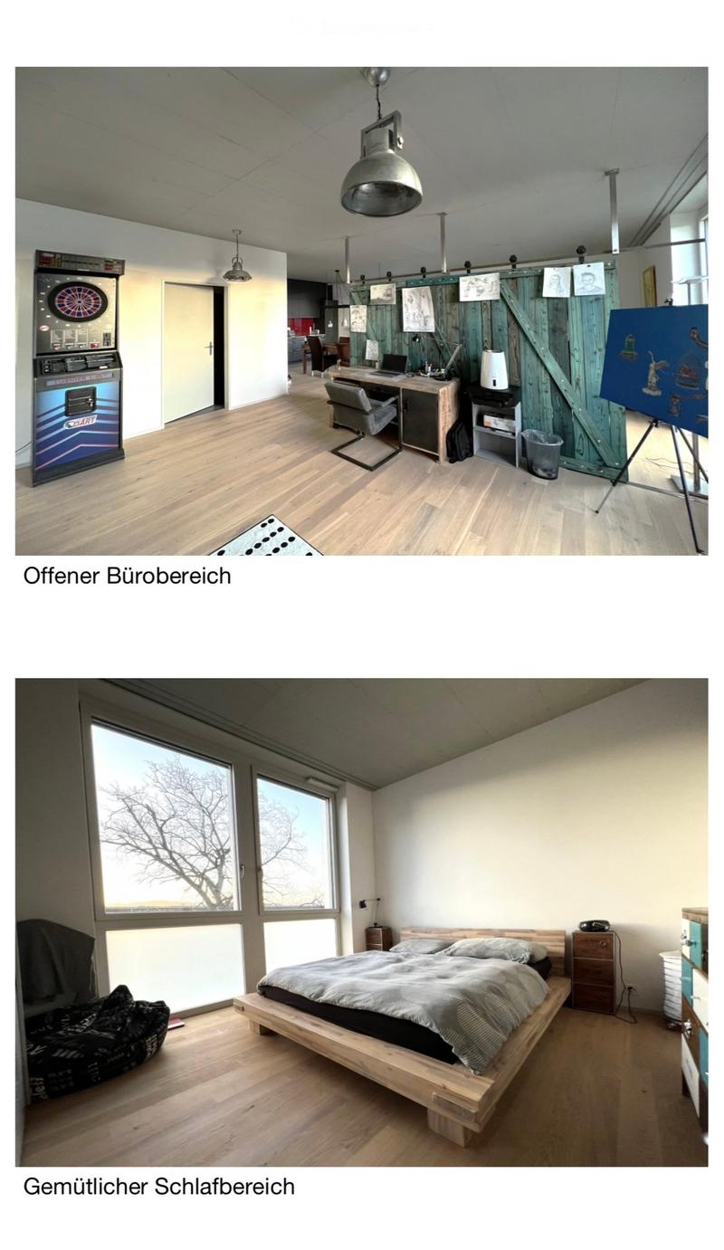 Open office area with a wooden desk, chair, laptop, lamp, dartboard, and easel with canvas. Cozy bedroom with a wooden bed, nightstand, and beanie bag near large windows.