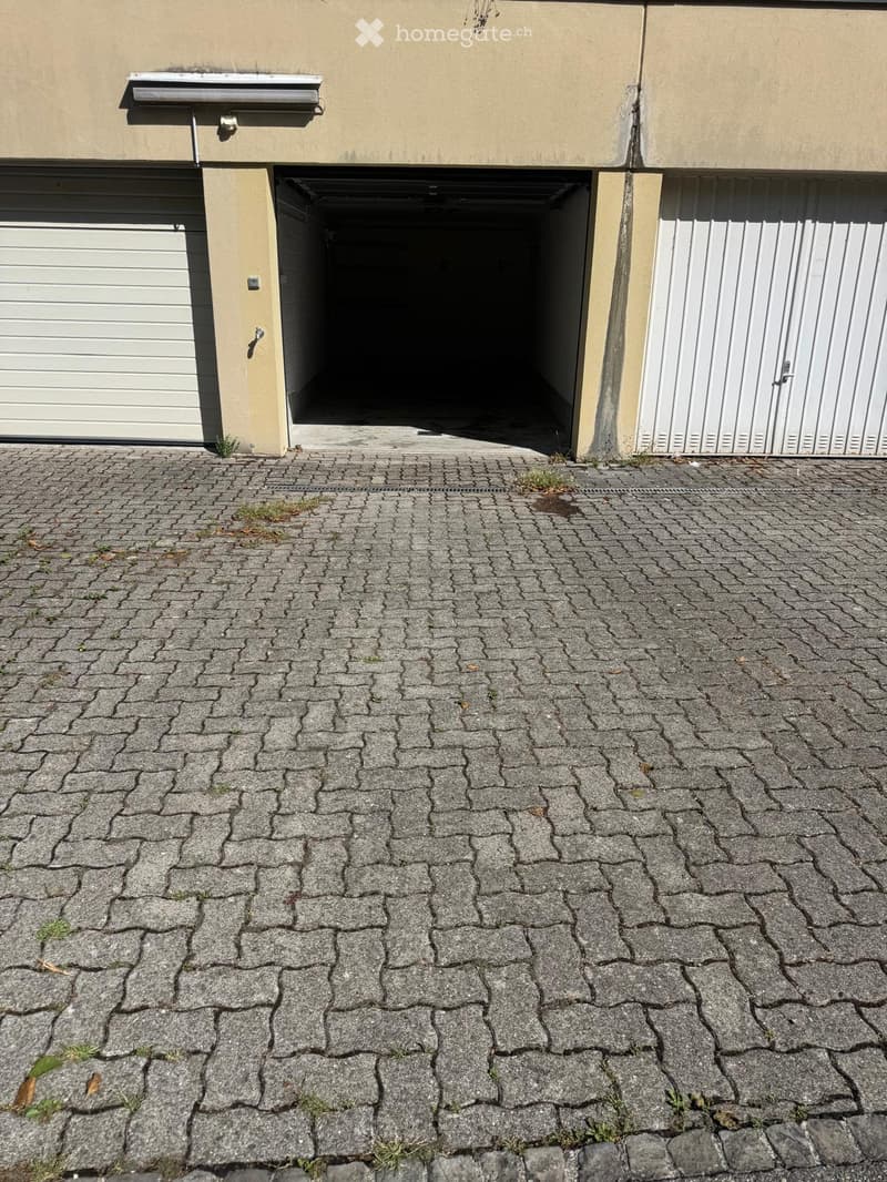 A paved driveway leading to a building entrance with two garage doors, one open and one closed.