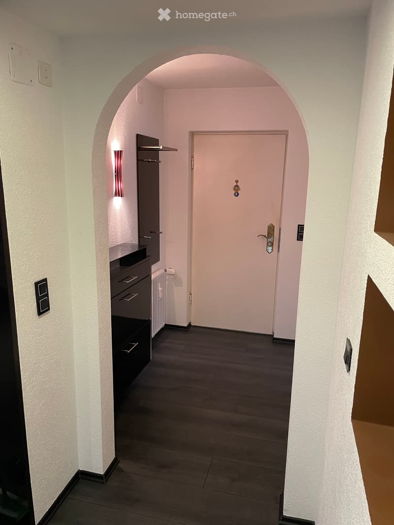 A narrow hallway with white walls, dark wooden flooring, and a closed door at the end. A small cabinet with drawers and a wall-mounted light fixture are visible on the left side.