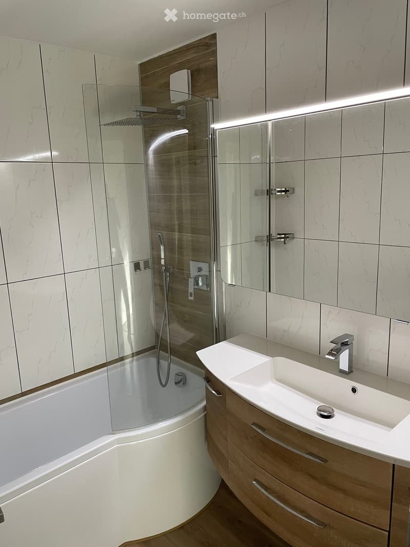 Modern bathroom with a white bathtub, a white sink with a wooden cabinet, a glass-enclosed shower, and a large mirror with integrated lighting.