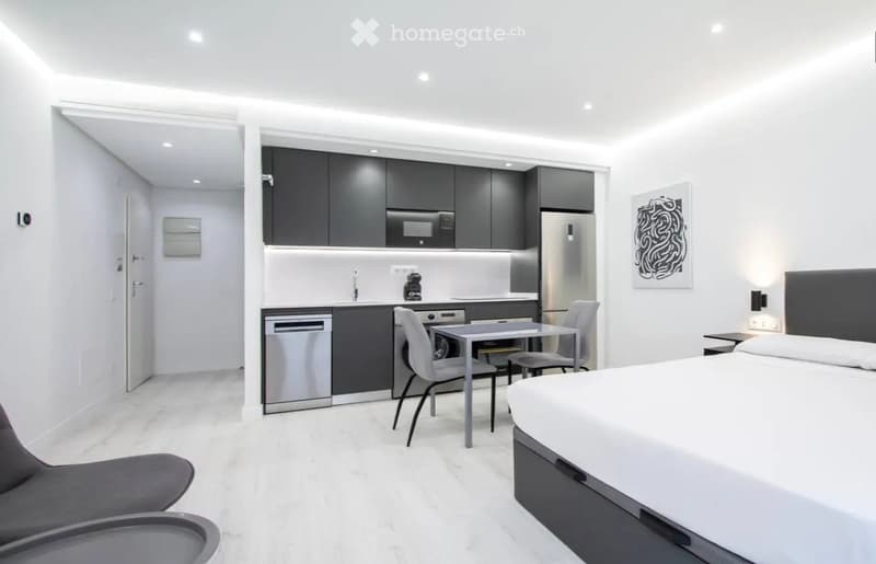 Modern, compact studio apartment with a bed, small dining area, and integrated kitchen featuring stainless steel appliances.