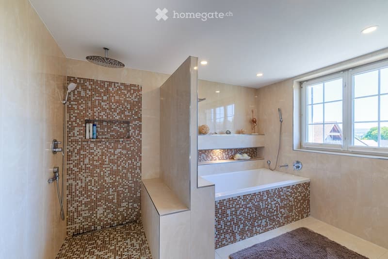 Modern bathroom with a bathtub, separate shower area, built-in shelves, and large windows offering a view.