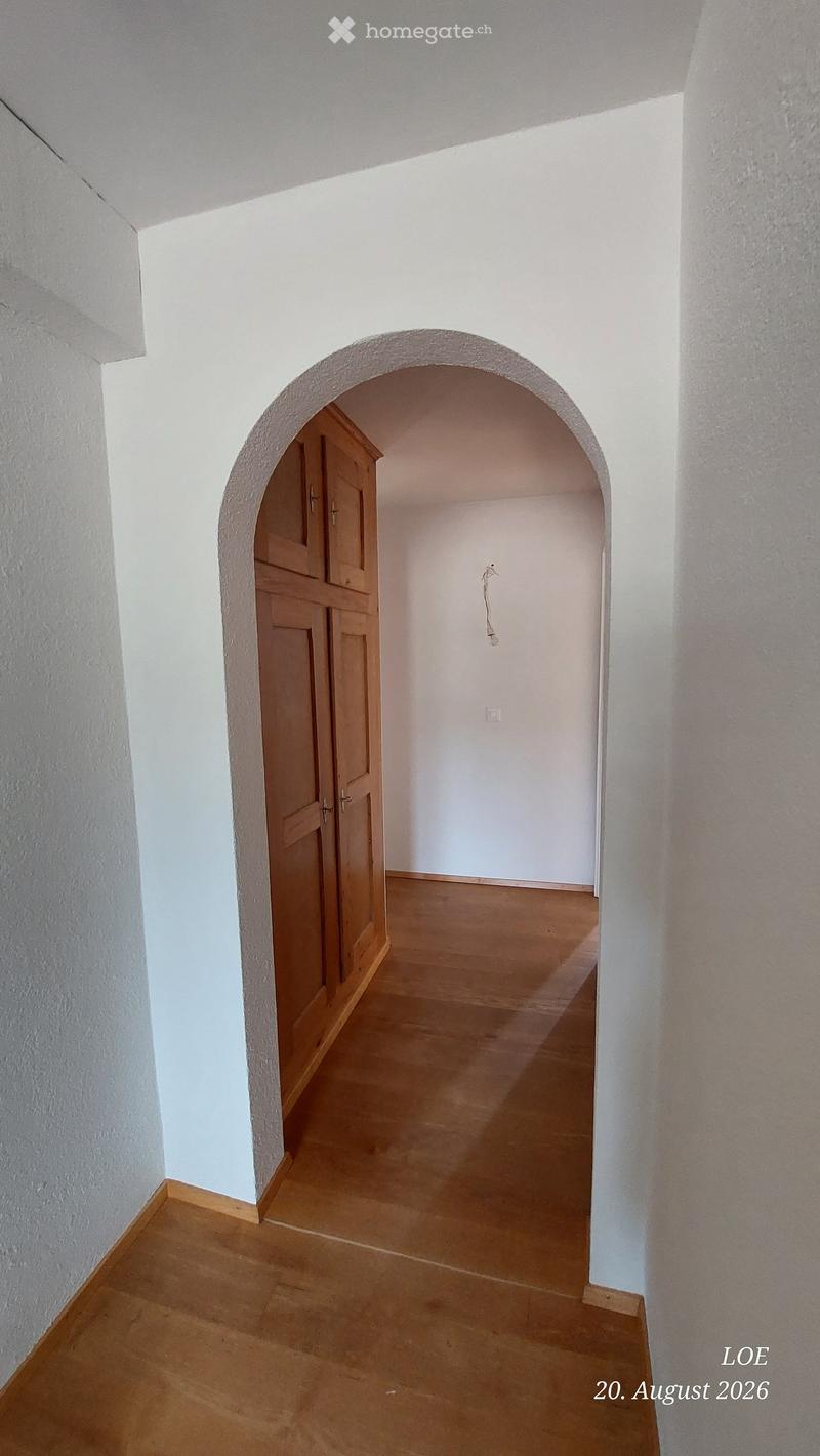 Empty hallway with wooden floor, white walls, and an arched doorway leading to another room.
