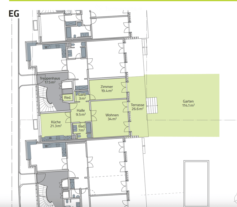 Ground floor plan showing kitchen, living area, bedroom, bathroom, hallway, staircase, garden, and terrace.