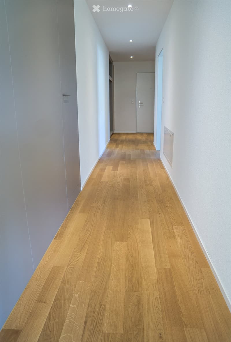 A clean, modern hallway with light wooden flooring and white walls, featuring recessed ceiling lights and a closed door at the end.