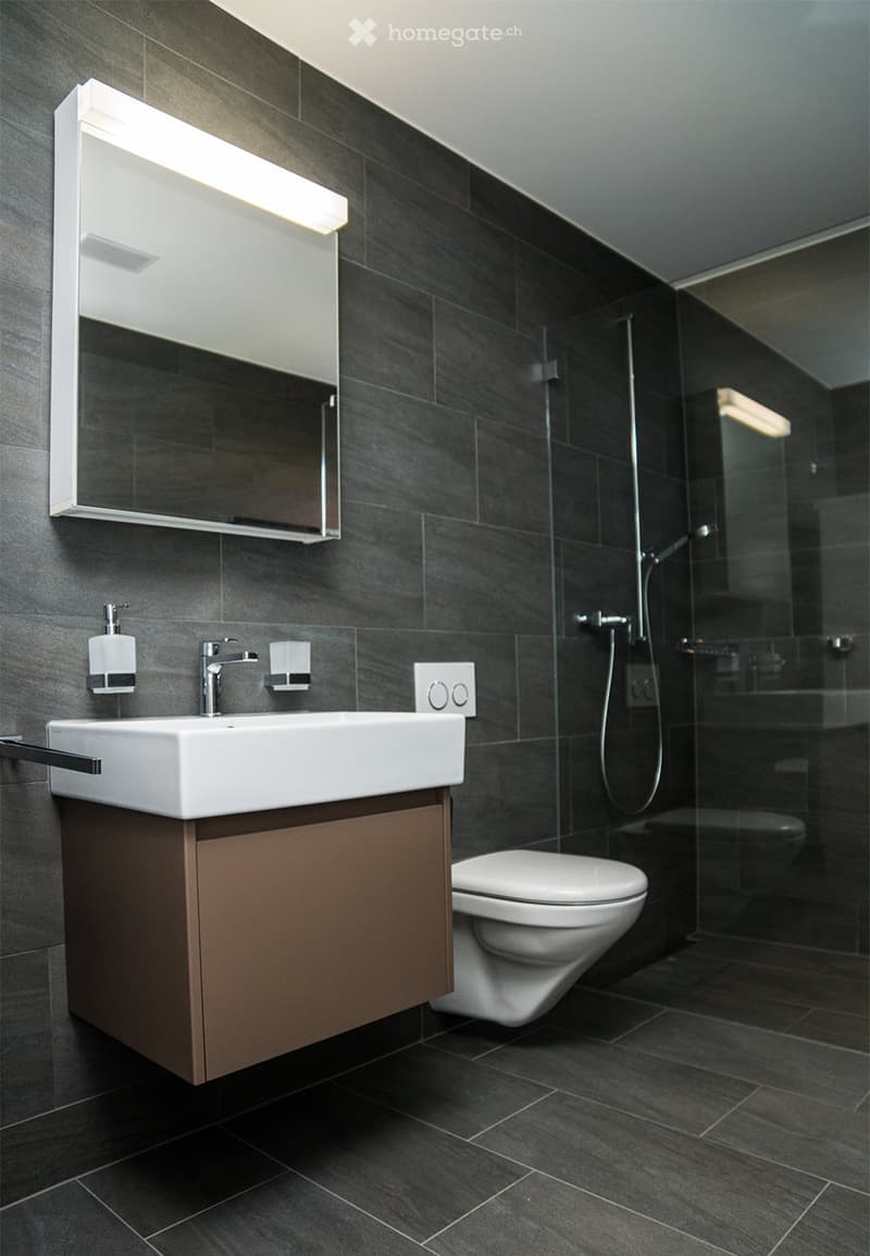 Modern bathroom with dark grey tiles, white sink, toilet, and a glass-enclosed shower area.