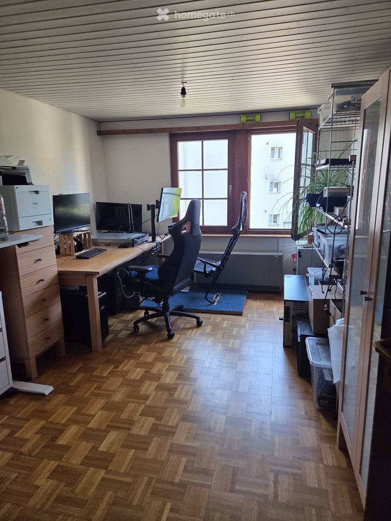 Office space with wooden herringbone flooring, large window, ergonomic chair, desk with multiple monitors, keyboard, mouse, printer, and shelving unit with plants and storage boxes.