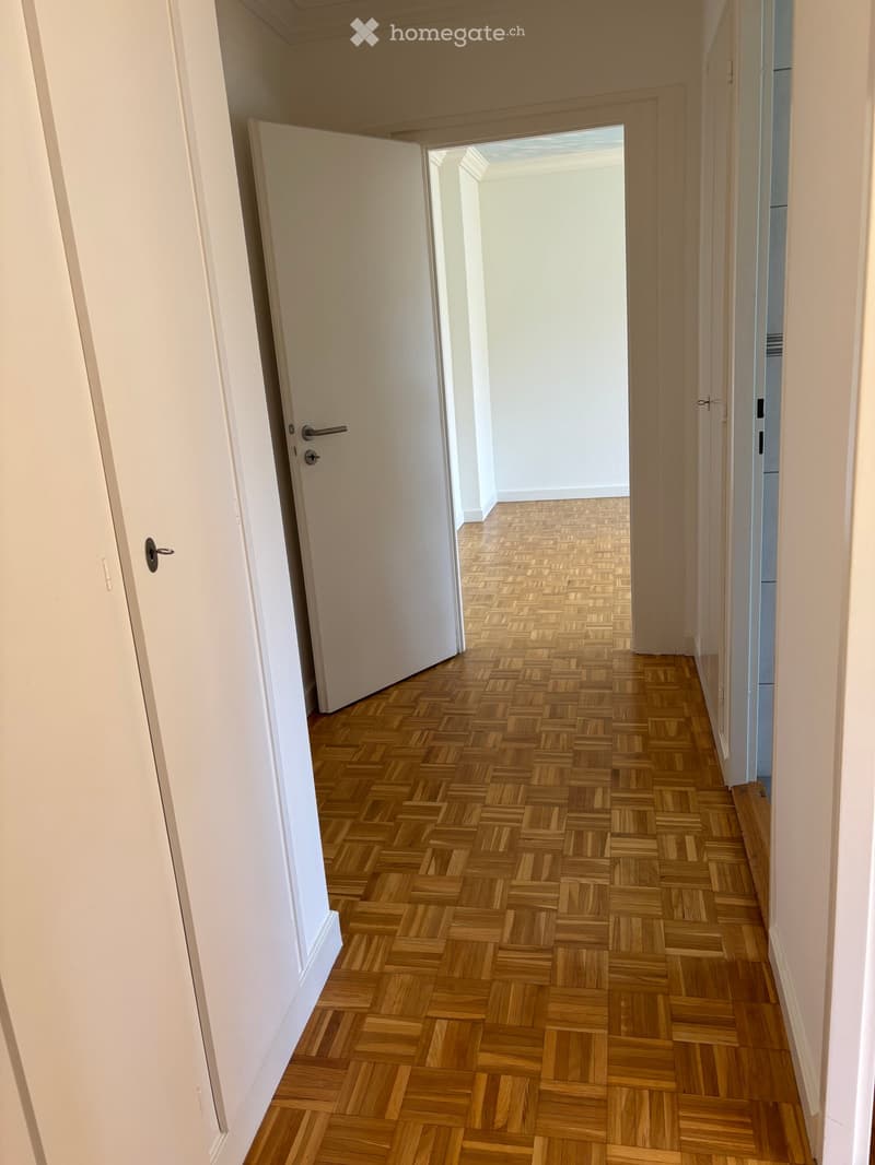 Empty hallway with wooden herringbone flooring, white walls, and closed doors on both sides.